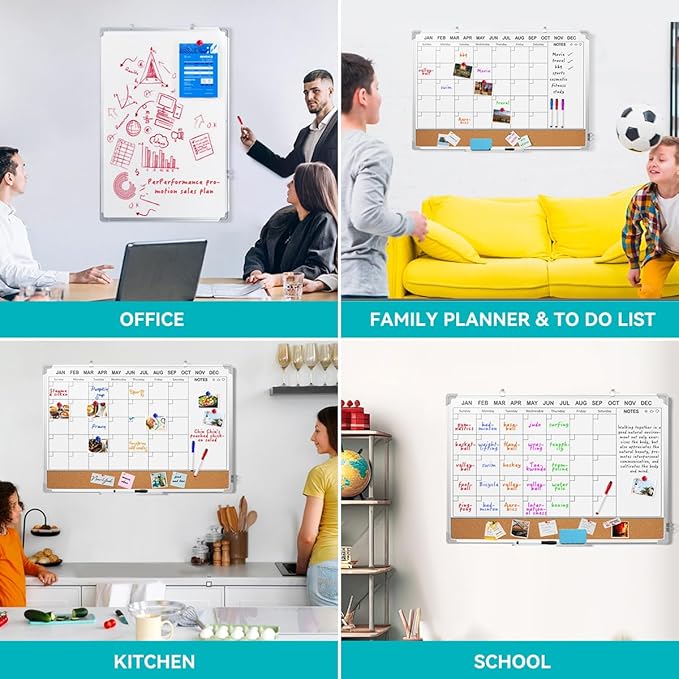 Calendar Whiteboard for Wall,36" x 24" White Board Calendar Dry Erase with Silver Aluminum Frame,Double Side Wall Hanging Board for Office,Home,Kitchen-DeskLoop Office