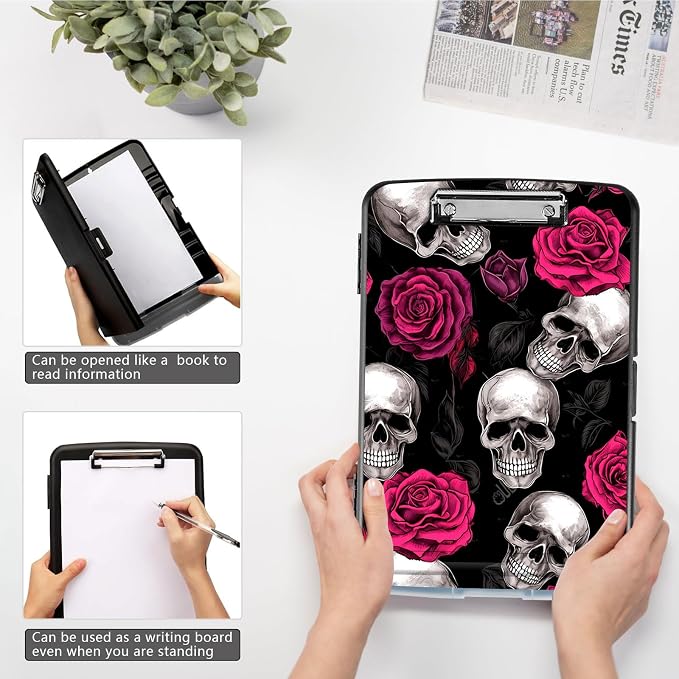 Clipboard with Storage, High Capacity Skull Rose Storage Clipboard 9.5x14 with - Image 4
