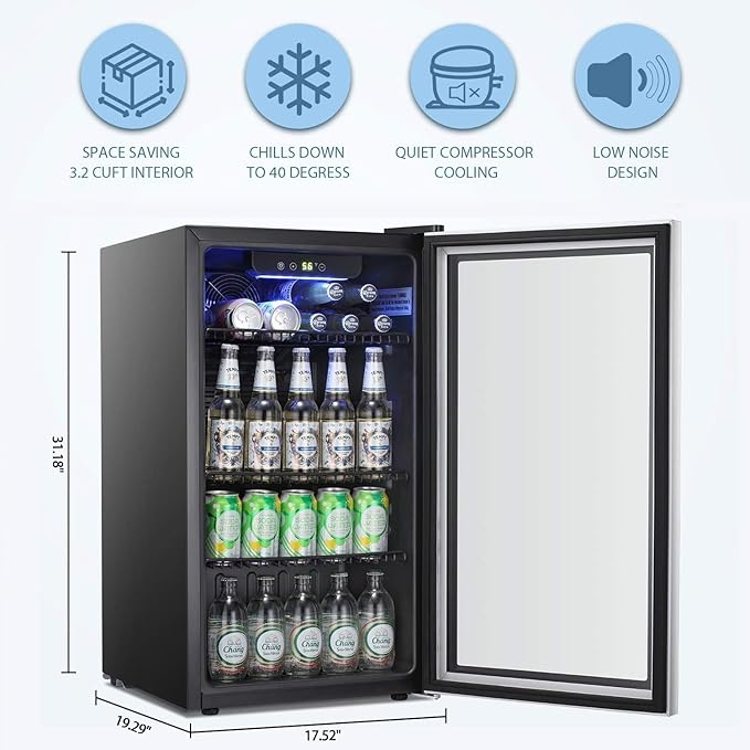 Antarctic Star Beverage Refrigerator Cooler -120 Can Mini Fridge Glass Door for Soda Beer or Wine Constant Glass Door Small Drink Dispenser Clear Front Door for Home, Office Bar 3.2cu.ft-DeskLoop Office
