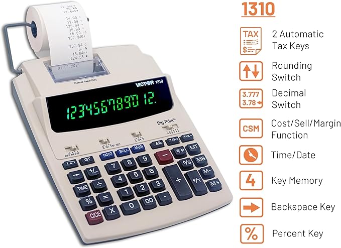 Victor 1310 Big Print Printing Calculator, 12-Digit LED Display, Fast Ink-Free Printing (8.0 LPS), Cost/Sell/Margin Keys, Advanced Business Functions, 2-1/4" Thermal Paper-DeskLoop Office