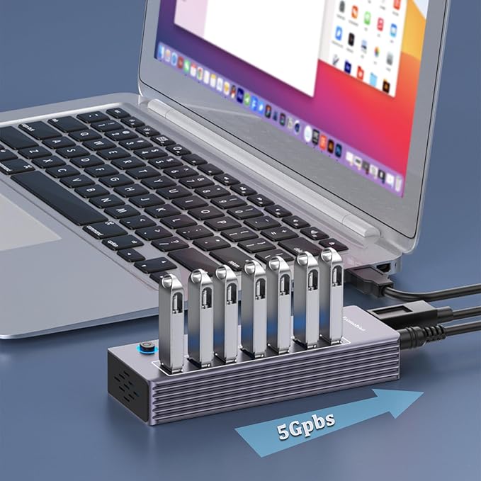 Powered 7-Port USB 3.0 Hub, USB C to 7 Ports USB Data Hub Splitter with Individual LED On/Off Switche, 3.3FT Cable, 12V/3A Power Adapter, for Laptop MacBook Pro/Air PC (Aluminum Gary)-DeskLoop Office