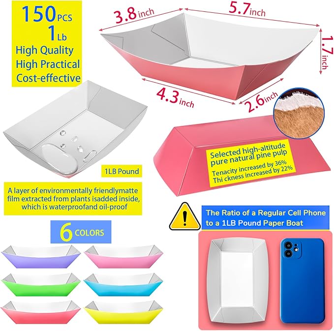150 Pack Colorful 1Lb Paper Food Boat Trays Disposable Paper Boat Plates - Image 2