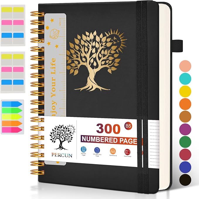 Large Spiral Notebook Journal for Women Men - 300 Numbered Lined Pages, College Ruled,B5 Hardcover Spiral Bound Notebook for School, Work, Note Taking, Writing, Leather Spiral Journal 7"x10"-DeskLoop Office