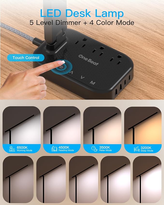 One Beat Small LED Desk Lamp Power Strip 5ft Extension Cord - Image 3