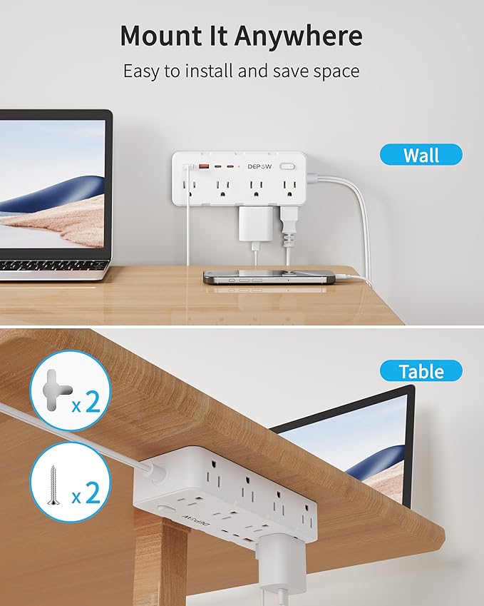2 Prong Power Strip, 2 to 3 Prong Outlet Adapter with 8 AC & 4 USB Ports (2 USB C), 5FT Extension Cord, 1700J Two Prong Surge Protector, Wall Mountable, Ideal for Old House Non-Grounded Outlets-DeskLoop Office