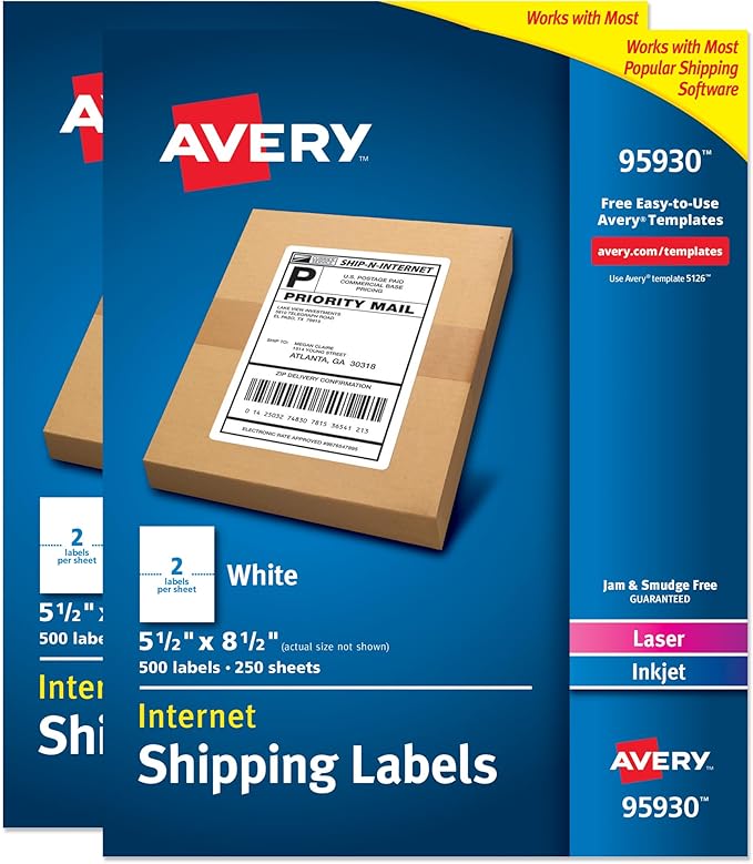 Avery Half Sheet Shipping Labels, 5.5" x 8.5", 500 Blank Mailing Labels by Avery