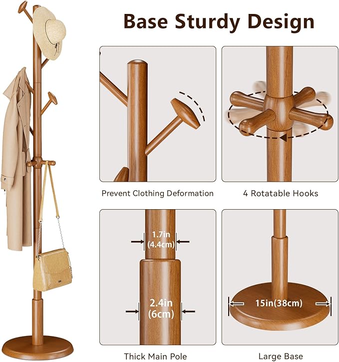 Solid Wood Coat Rack Freestanding Coat Tree with 10 Hooks for Bedroom, Livingroom, Entryway, Sturdy Coat Hanger Stand for Hats, Coats, Scarves, Handbags, Purses-DeskLoop Office