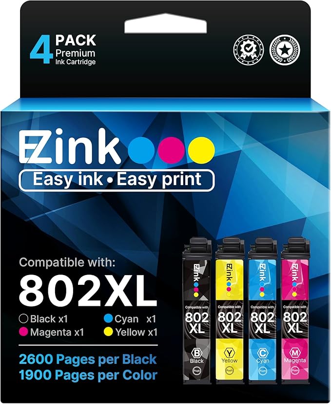 E-Z Ink Remanufactured Ink Cartridge Replacement for Epson 802XL 802 T802XL T802 to use with Workforce Pro WF-4740 WF-4730 WF-4720 WF-4734 EC-4020 EC-4030 (1 Black, 1 Cyan, 1 Magenta, 1 Yellow)-DeskLoop Office