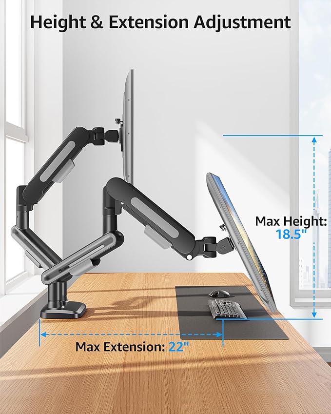 MOUNTUP Dual Monitor Mount Holds 4.4-26.5lbs, Heavy Duty Monitors Arm for 39 37 34 32 27inch, Gas Spring Monitor Stand for 2 Monitor, Height Adjustable Monitors Desk Mount with C-Clamp＆Grommet Base-DeskLoop Office