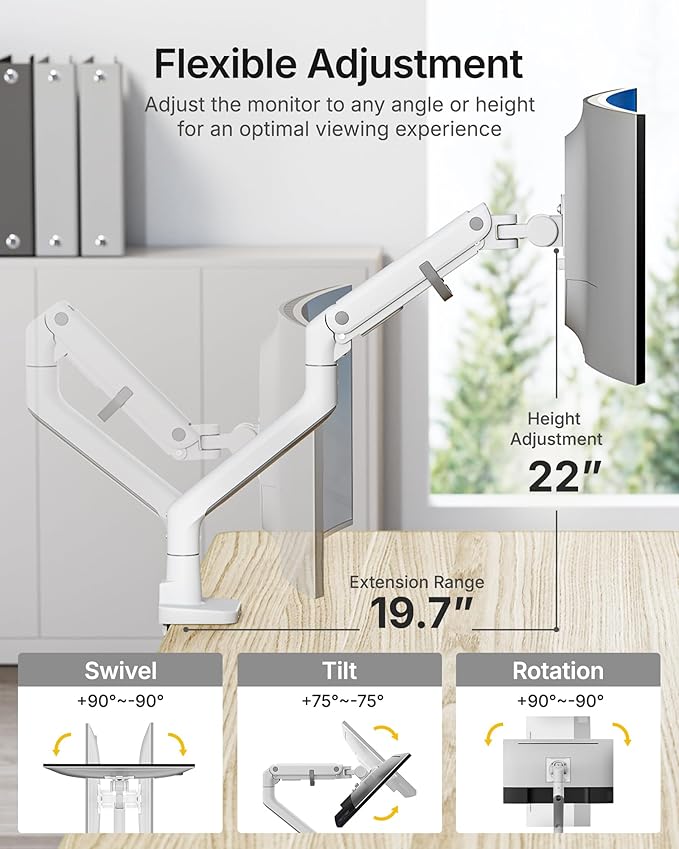 monTEK Single Monitor Arm with USB A/C, Ultrawide Monitor Stand for 17 to 57 Inch Curved Screen, Holds 59.4 lbs, Adjustable Gas Spring Arm, 75/100 VESA Mount, Clamp & Grommet Desk Mount, White-DeskLoop Office