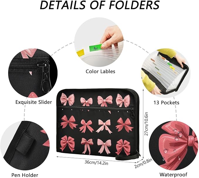 Expanding File Folder Pink Red Bow Black Accordion File Organizer 13 Pockets - Image 4