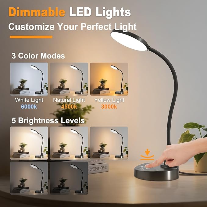 15W LED Desk Lamp with USB Charging Ports – Dimmable Table Lamp with 3 Color - Image 2