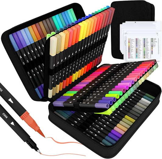 sunacme Art Supplier Dual Brush Markers Pens, 110 Artist Coloring Marker Set by sunacme