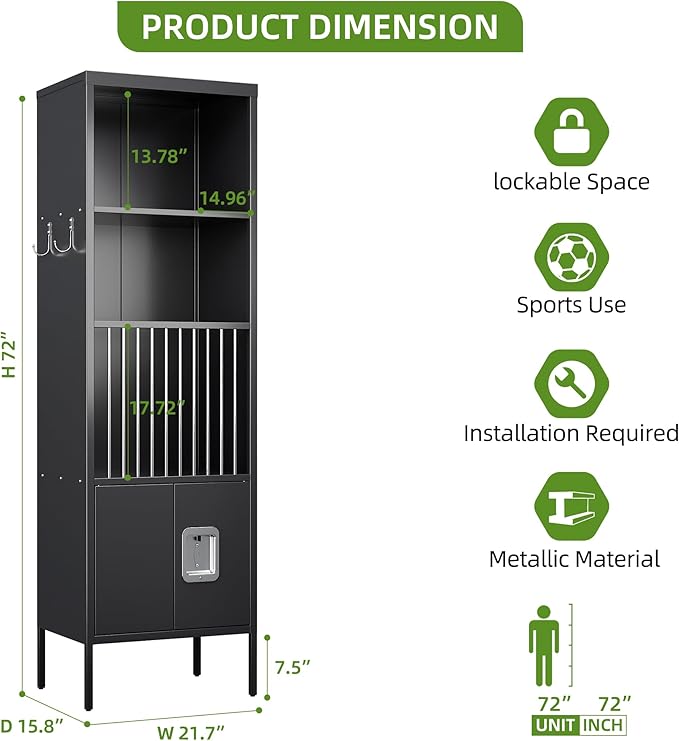 Aobabo 72" H Metal Storage Locker for Gym, for Stores Sports Gear Footballs, Rugby Balls and Tennis, Open Storage Locker with Hooks for School, Gym, Black, Assembly Required-DeskLoop Office