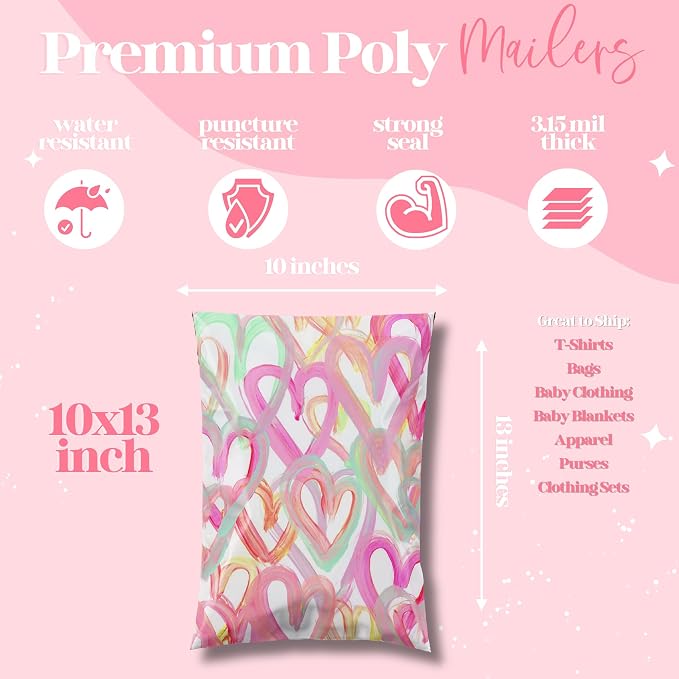 Pretty Package Store Poly Mailer 10x13, Happy Hearts, 100 Pack | Heavy Duty - Image 3