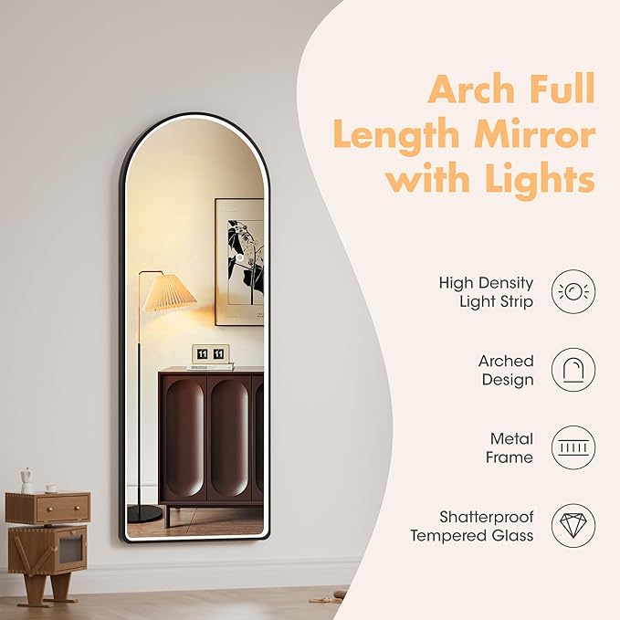 Hasipu 55" X 18" Full Length Mirror with Lights, Black Frame Arch Led Mirror Full Length and 3 Colors Temperatures & Brightness Adjustable,Light Up Mirror Full Body for Bedroom Cloakroom Living Room-DeskLoop Office