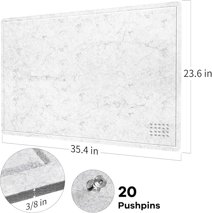 Bulletin Board, 36 x 24 inches Felt Board - Decorative Pin Board, Cork Board Alternative for Wall, 3' x 2' Foldable Picture Board Self-Adhesive Vision Board with 20 Pushpins - Marble White-DeskLoop Office