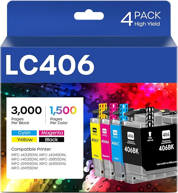 LC406 Ink Cartridges Compatible for Brother LC406 LC406XL LC 406 XL Work for Brother MFC-J4335DW MFC-J5855DW MFC-J4535DW MFC-J6555DW MFC-J6955DW Printer (4 Pack, Black, Cyan, Magenta, Yellow)-DeskLoop Office