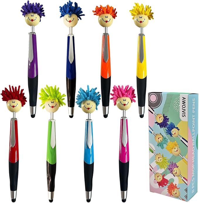 8pcs Mop Head Ballpoint Pens, Funny Mophea Topper Pen with Plush Hair Writing Click Pen Portable Cute Cartoon Multi-function Signing Pens Decor Gift for Office Home Kids and Adultes 8-color outfit-DeskLoop Office