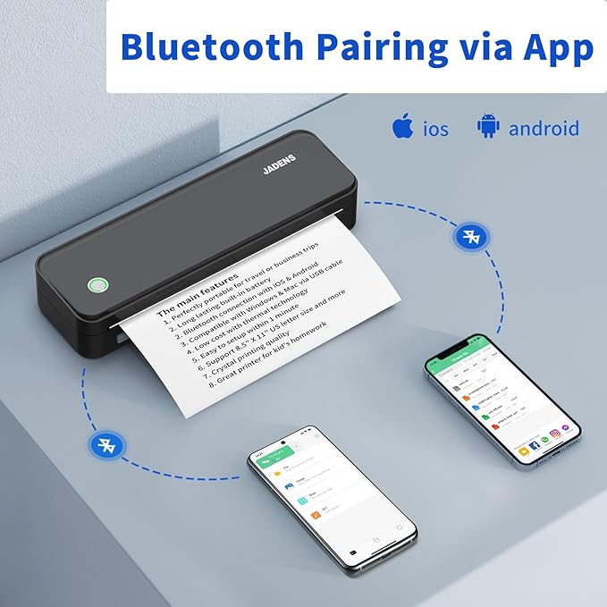JADENS Bluetooth Thermal Printer, Support 8.5" X 11" US Letter, Portable Printers Wireless for Travel, Inkless Printer Compatible with iOS, Android, Mobile Printer for Home, Office, School-DeskLoop Office