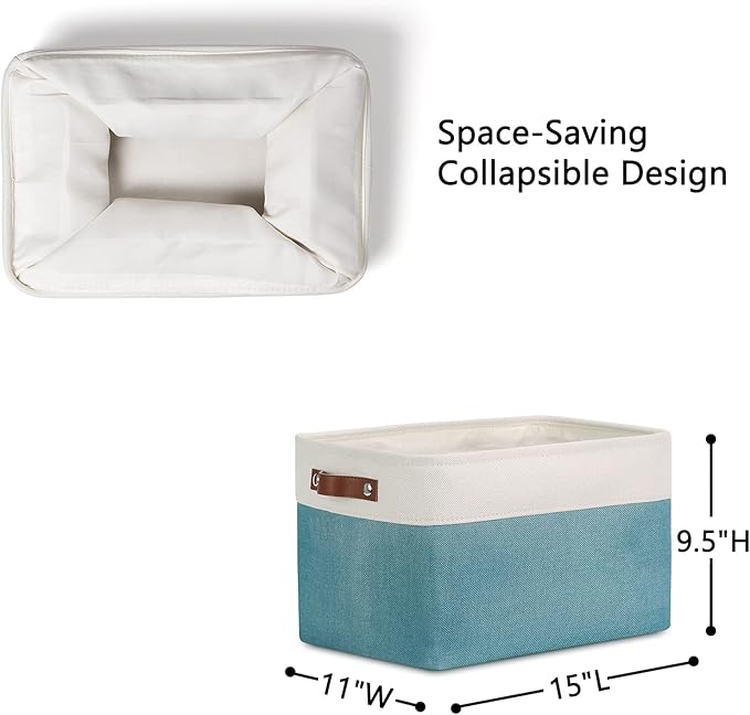 DULLEMELO Storage Baskets for Shelves, Fabric Collapsible Rectangular Storage Bins for Shelves, Closets, Nursery, Home, Empty Gift Baskets (3-Pack Medium-15 inch X 11 inch X 9.5 inch , White&Teal)-DeskLoop Office