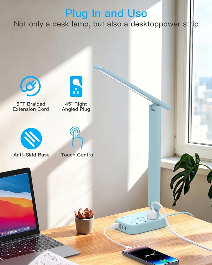 One Beat LED Small Desk Lamp Power Strip 5ft Extension Cord, 3 Outlets - Image 5