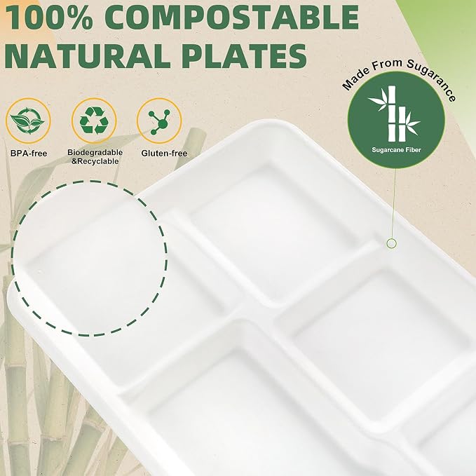 WELLIFE 100% Compostable 5 Compartment Paper Plates, 100 Pack Disposable School - Image 7