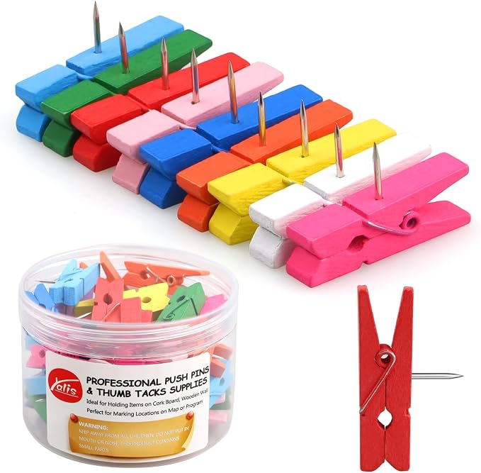 Wooden Push Pin Clips 50 Pcs, Pins Clips Creative Paper Clips by Yalis