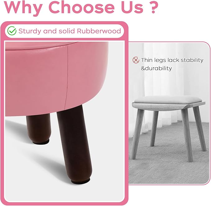Small Foot Stool Round Pouf Ottoman, 13'' Leather Foot Rest with Non-Skid Rubber Legs, Foolstool Ottomans for Couch, Sofa Footrest Step Stool for Living Room Bedroom Entryway Office, Pink-DeskLoop Office