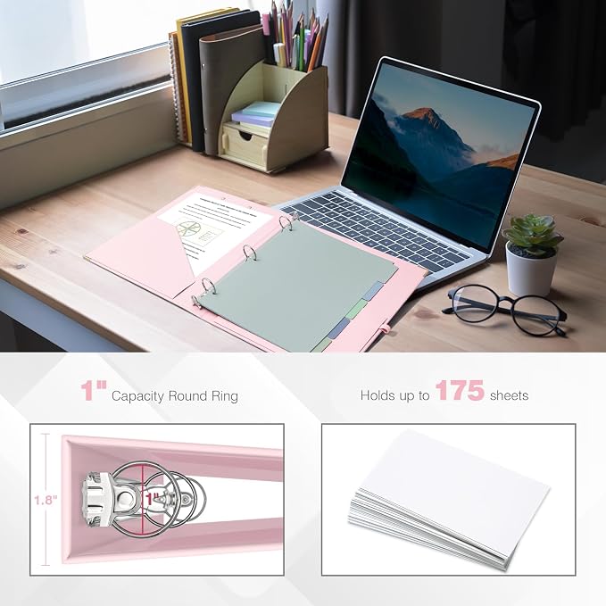 Ospelelf Binder 3 Ring 1 Inch, Solid Pink Round Ring Clipboard Binder - Image 2