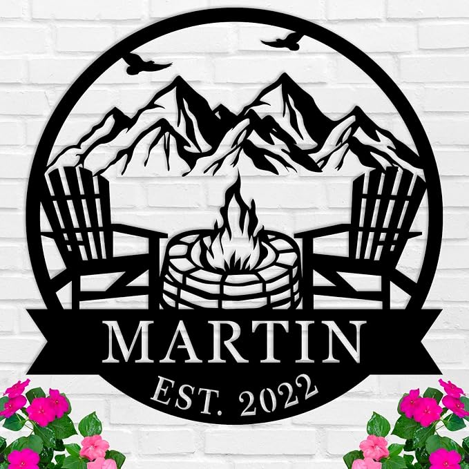 Personalized Campfire Family Name Sign, Monogram Name Camping Sign, Mountain by HRZSIGNFC
