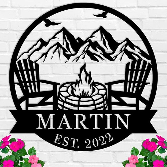 Personalized Campfire Family Name Sign, Monogram Name Camping Sign, Mountain by HRZSIGNFC