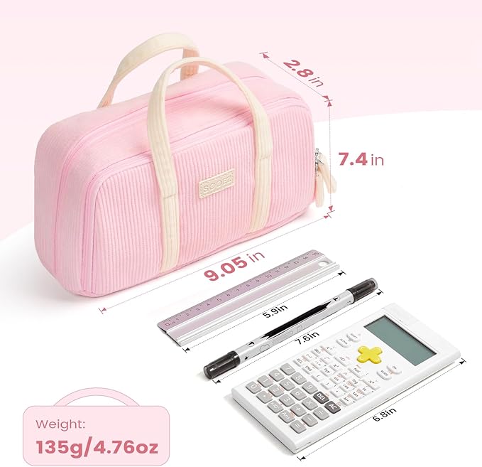 Sooez Large Pencil Case Pouch, Extra Big Pencil Bag with 5 Compartments, Pen Case Wide Opening, Soft Corduroy Pen Bag Organizer with Zipper, Cute Aesthetic School Supplies for Teen Girls, Pink-DeskLoop Office