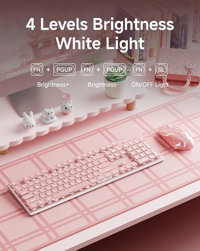 V3 Wireless Keyboard and Mouse with Single Backlit, Metal Panel, Bluetooth/2.4G Rechargeable Computer Keyboard and Mouse Combo Silent Lighted Full Size Cute Keyboards-Pink-DeskLoop Office