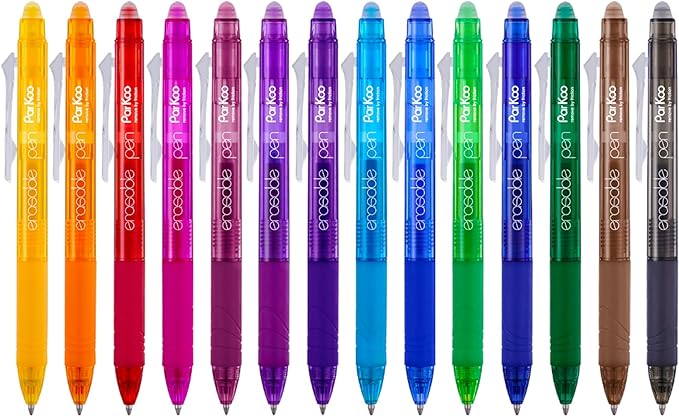 ParKoo Retractable Erasable Gel Pens Clicker 14 Colors, Fine Point 0.7mm by Parkoo