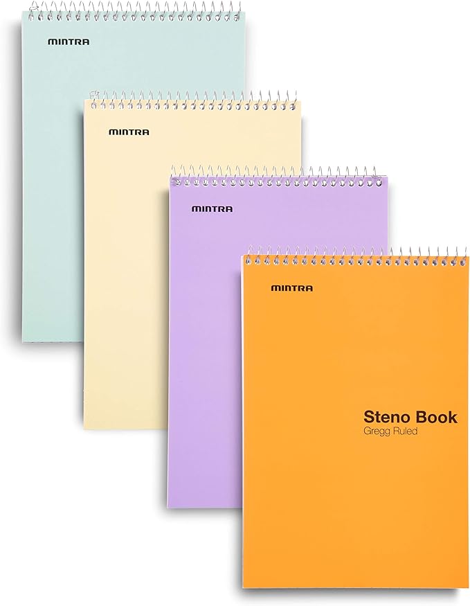 Mintra Office Steno Book - (Pastel Colors, 4 Pads/Pack, Gregg Ruled) - 6inx9in, 70 Sheets, Notebook for writing notes in school, university, college, work, office-DeskLoop Office