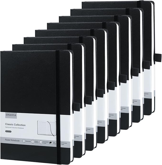 8 Pack Black Lined Journal Notebooks for Work, Travel, College, (A5 Size 100 GSM Thick Paper) - Classic Ruled, Hardcover Notepad for Writing 160 Pages, 5.5 x 8.3 inch, Multipack Journals-DeskLoop Office