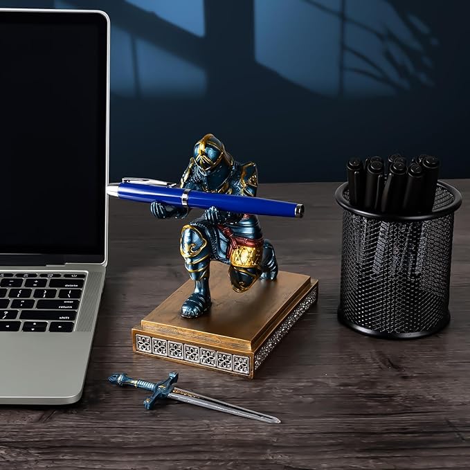 MACLARONX Kneeling Knight Pen Holder with Sword Medieval Warrior Fancy Pencil Stand for Office Desk Home Decor for Men Father Husband Armor Soldier Statue-DeskLoop Office