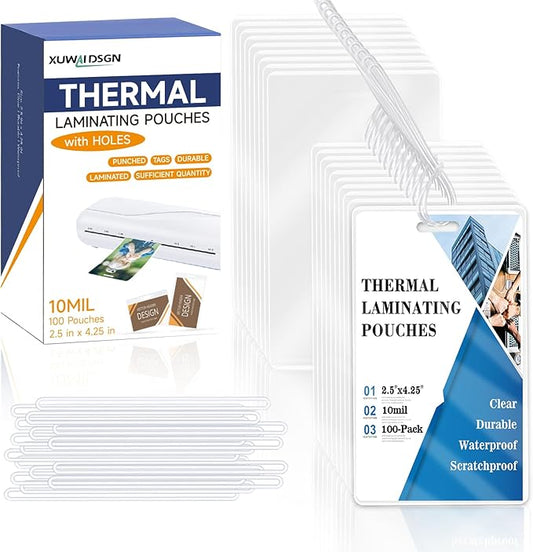 100 Pieces 10 Mil 2 1/2" x 4 1/4" Laminating Pouches with Slot Hole Printable Luggage Tags Clear Thermal Laminate Pouch Tags Kit Resealable for Work Permits Pass Cards Student ID Cards (100, 10 Mil)-DeskLoop Office
