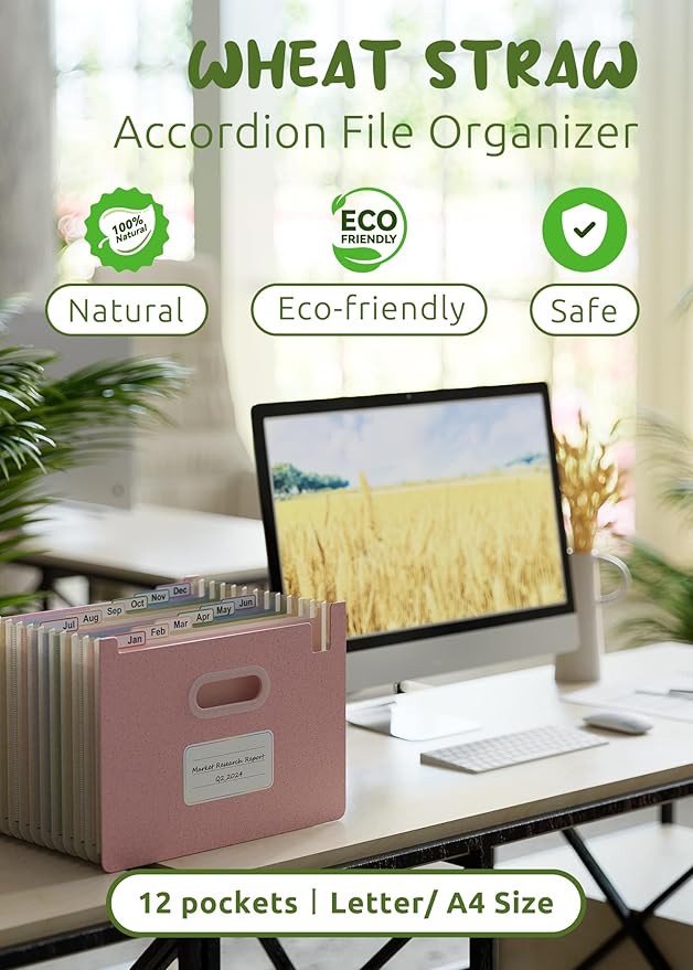 Accordion File Organizer, 12 Pockets Wheat Straw Expanding File Folders, Upright&Open Top, Monthly Bill Receipt Organizer, 100%BPA Free, Return to Nature, Healthy Living,Letter/A4 Size-Strawberry Pink-DeskLoop Office