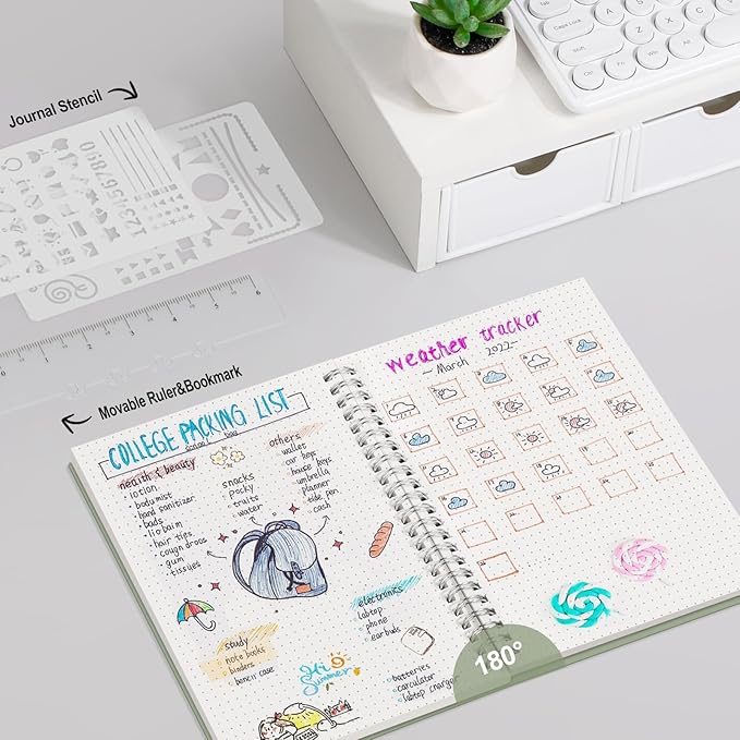 AHGXG Bullet Dotted Journal - Dot Grid Spiral Notebook A5, 160 Pages, 100 GSM Thick Paper, Waterproof Plastic Cover Journals for Bullet Journaling, Sketching, 5.7" x 8.3", Sage Green-DeskLoop Office