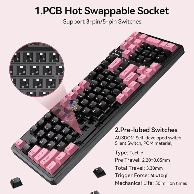 AUSDOM 98Pro Silent Wireless Mechanical Keyboard, Tri-Mode BT/2.4G/USB-C Hot Swappable Custom Quiet Keyboard with Backlit, Gasket Structure, PBT Keycaps, Pre-lubed Tactile Switches(Black Pink 97keys)-DeskLoop Office