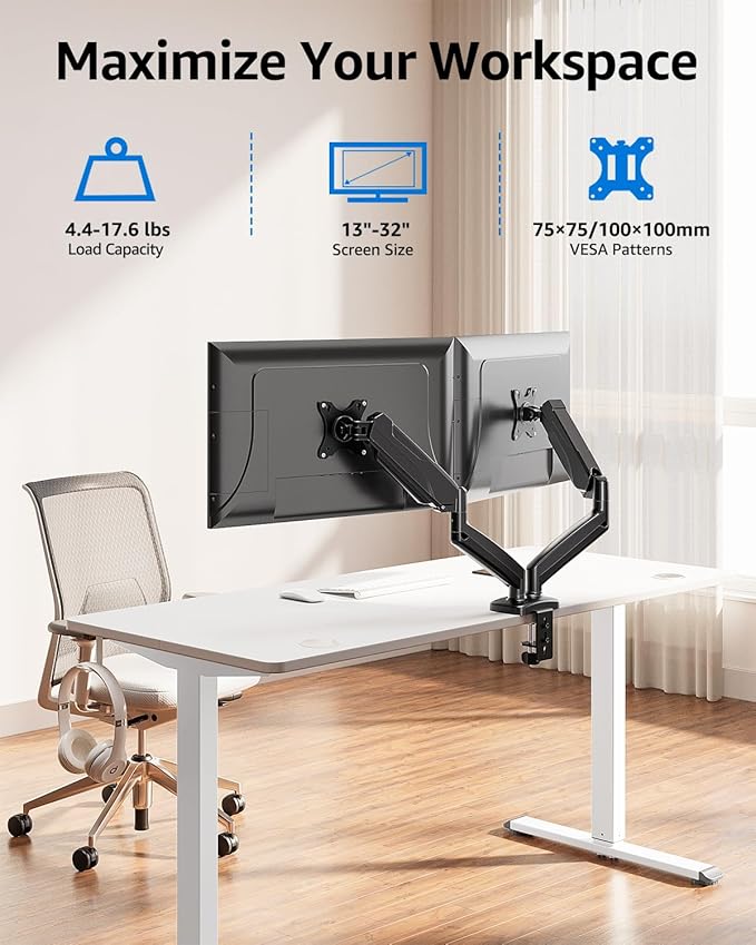 MOUNTUP Dual Monitor Stand for Desk, Pneumatic Monitor Arms for 2 Monitors Max 32 Inches, Height Adjustable Double Monitor Mount, VESA Mounts with C-Clamp & Grommet Base, Holds 4.4-17.6lbs, Black-DeskLoop Office