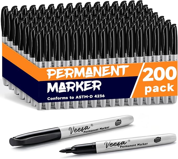 VEESA Permanent Markers Bulk, 200 Pack, Fine Point | Instant Drying, Water- and by VEESA
