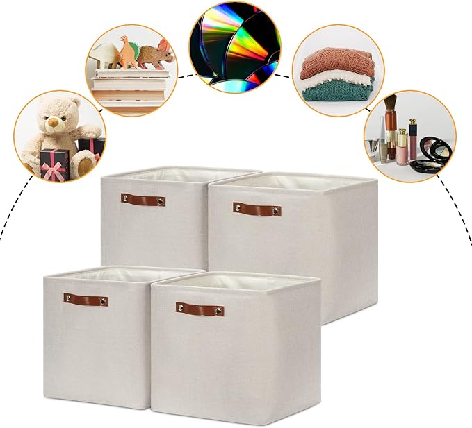 DULLEMELO Storage Bins, 4 Pack Of 13x13x13 Decorative Storage Cube Bins Suit Office, Home, Shelves And Closet, Cube Storage Bin with Leather handle(4 Pack - 13" Beige)-DeskLoop Office