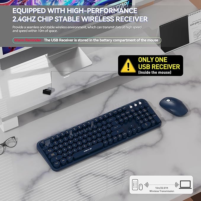 FOPETT Wireless Keyboard and Mouse Combo, 104 Keys Full-Sized 2.4 GHz Round Keycap Colorful Keyboards, USB Receiver Plug and Play, for Windows, Mac, PC, Laptop, Desktop (DarkBlue)-DeskLoop Office