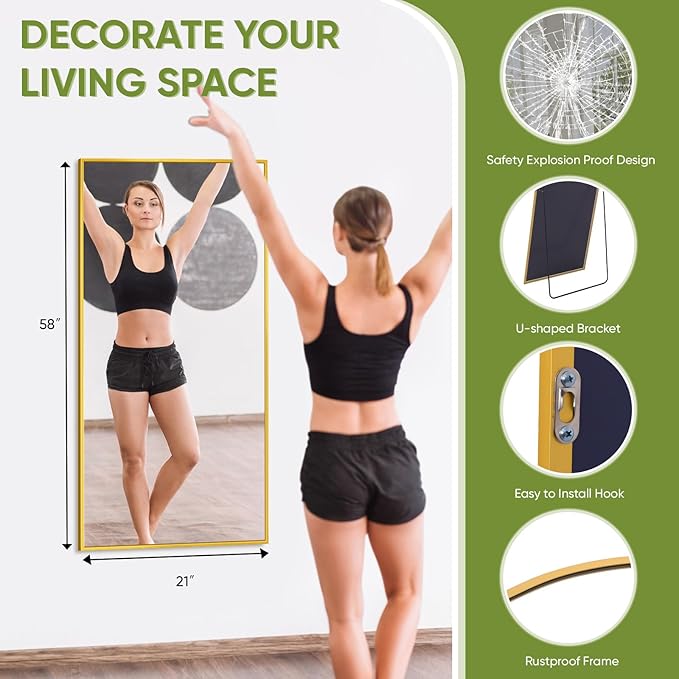 Full-Length Floor Mirror with Stand, 58"x21" Rectangle Style Full Body Standing Mirror for Bedroom, Living Room, Gym, Dorm - Shatter-Resistant & Easy Assembly, Gold-DeskLoop Office