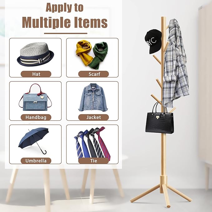 Haddockway Wooden Coat Rack Stand with 8 Hooks New Zealand Pine 3 Adjustable Coat Standing Tree Easy Assembly for Coats, Hats, Scarves and Handbags for Entryway, Hallway, Bedroom, Office-DeskLoop Office
