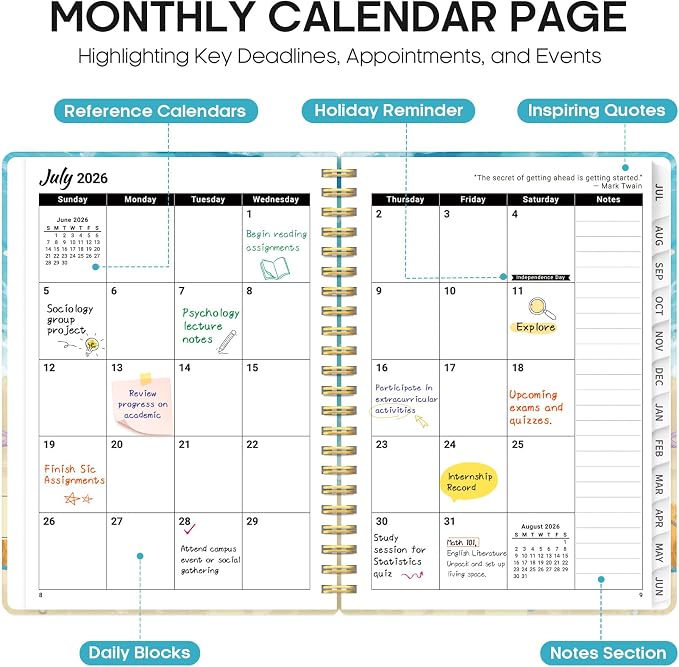 Planner 2026–2027, Academic Monthly Weekly Spiral Calendar, July 2026 – June - Image 2