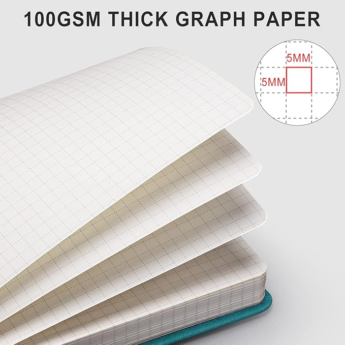 AHGXG Graph Paper Notebook - 320 Pages Grid Notebook Thick Journal A5, 100gsm Thick Graph Paper, Leather Hardcover, Inner Pocket,5.75'' × 8.38''- Cyan-DeskLoop Office